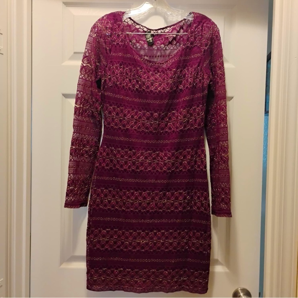 Guess Lace Bodycon Dress Purple Gold Metallic Womens L Party Cocktail Evening